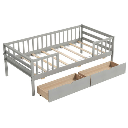 Cama Nido Twin con Valla y 2 Cajones Cama Infantil para Niños y Niñas-Gris