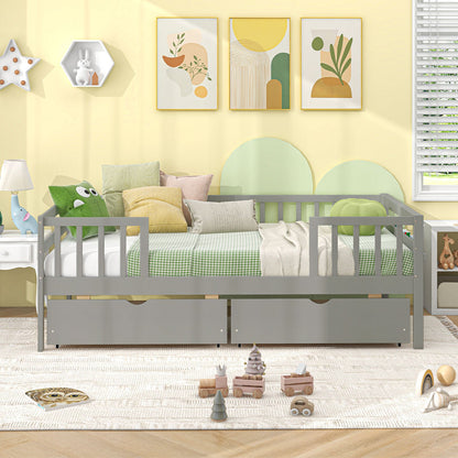 Cama Nido Twin con Valla y 2 Cajones Cama Infantil para Niños y Niñas-Gris