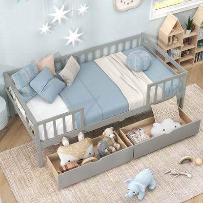 Cama Nido Twin con Valla y 2 Cajones Cama Infantil para Niños y Niñas-Gris