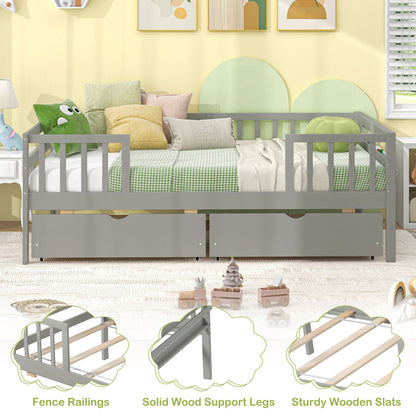 Cama Nido Twin con Valla y 2 Cajones Cama Infantil para Niños y Niñas-Gris