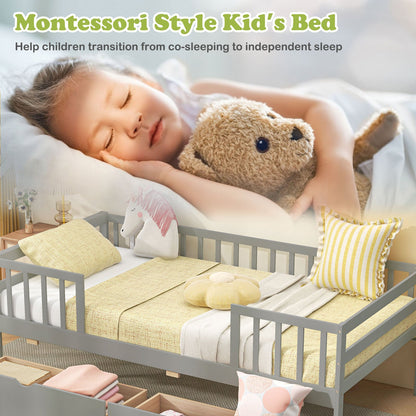 Cama Nido Twin con Valla y 2 Cajones Cama Infantil para Niños y Niñas-Gris