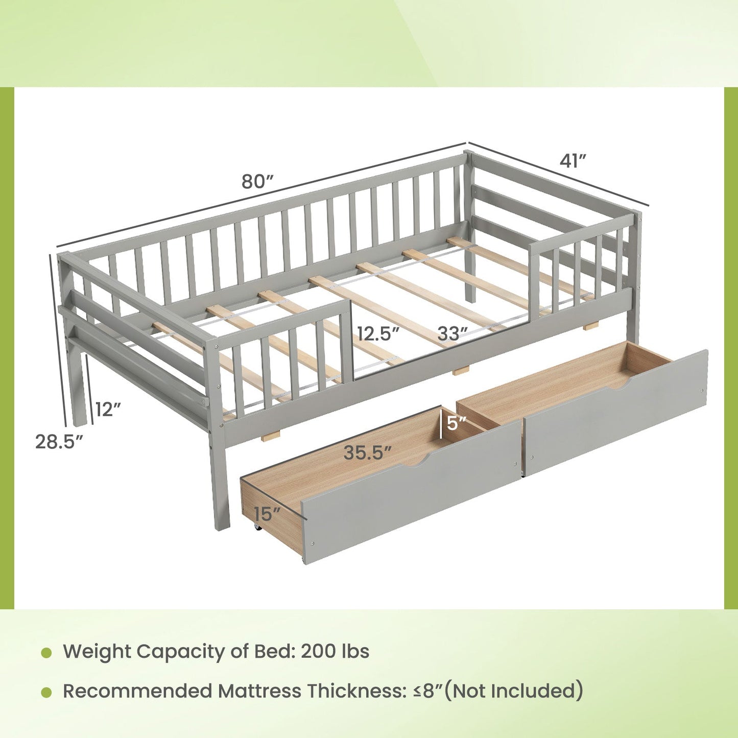 Cama Nido Twin con Valla y 2 Cajones Cama Infantil para Niños y Niñas-Gris