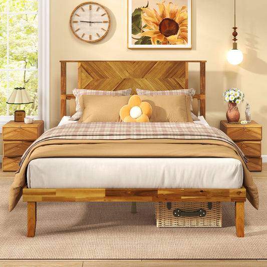 Twin/Full/Queen Size Bed Frame Mid-Century Acacia Wood Platform Bed with Headboard - Tampa Home & Garden Store