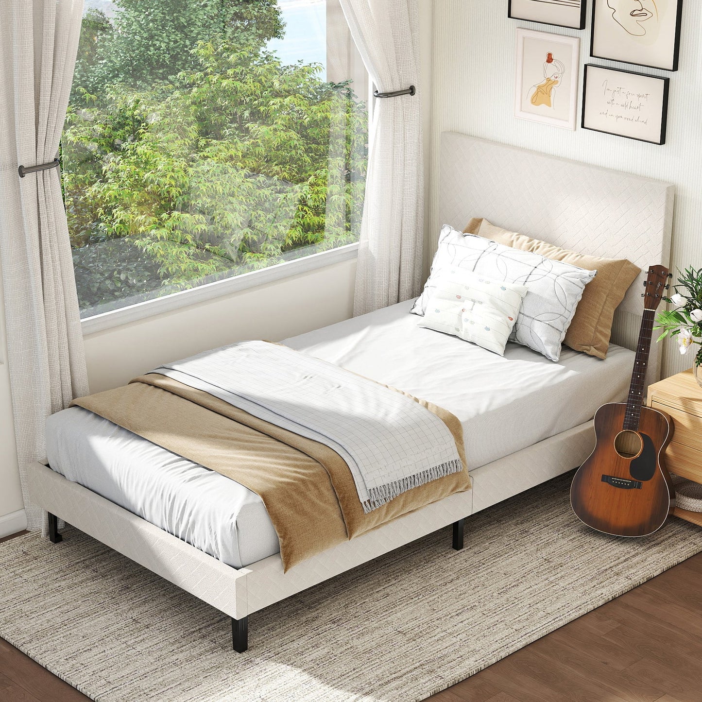 Twin/Full/Queen Size Velvet Bed Frame Upholstered Platform Bed with Chevron Headboard Beige