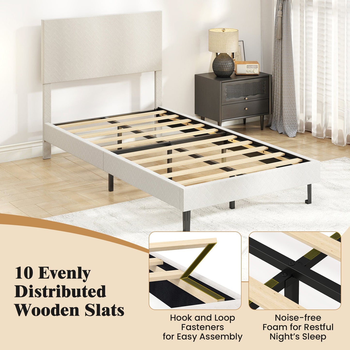 Twin/Full/Queen Size Velvet Bed Frame Upholstered Platform Bed with Chevron Headboard Beige