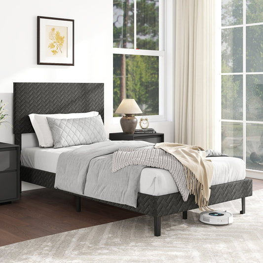 Twin/Full/Queen Size Velvet Bed Frame Upholstered Platform Bed with Chevron Headboard Gray - Tampa Home & Garden Store