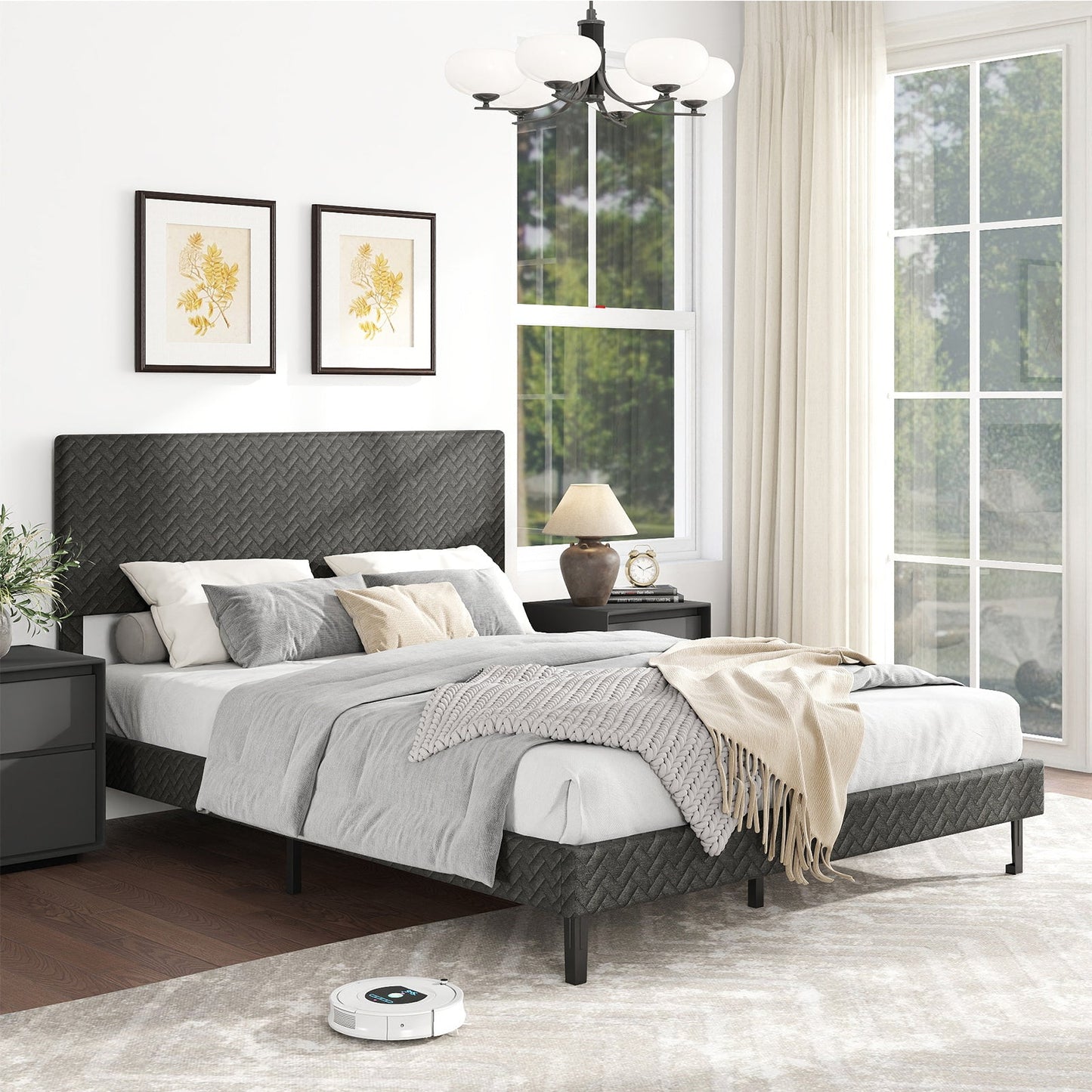 Twin/Full/Queen Size Velvet Bed Frame Upholstered Platform Bed with Chevron Headboard Gray