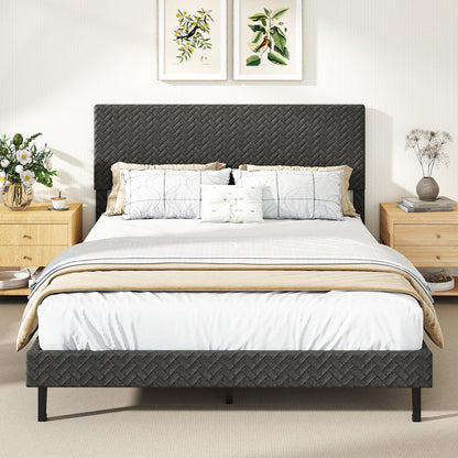 Twin/Full/Queen Size Velvet Bed Frame Upholstered Platform Bed with Chevron Headboard Gray