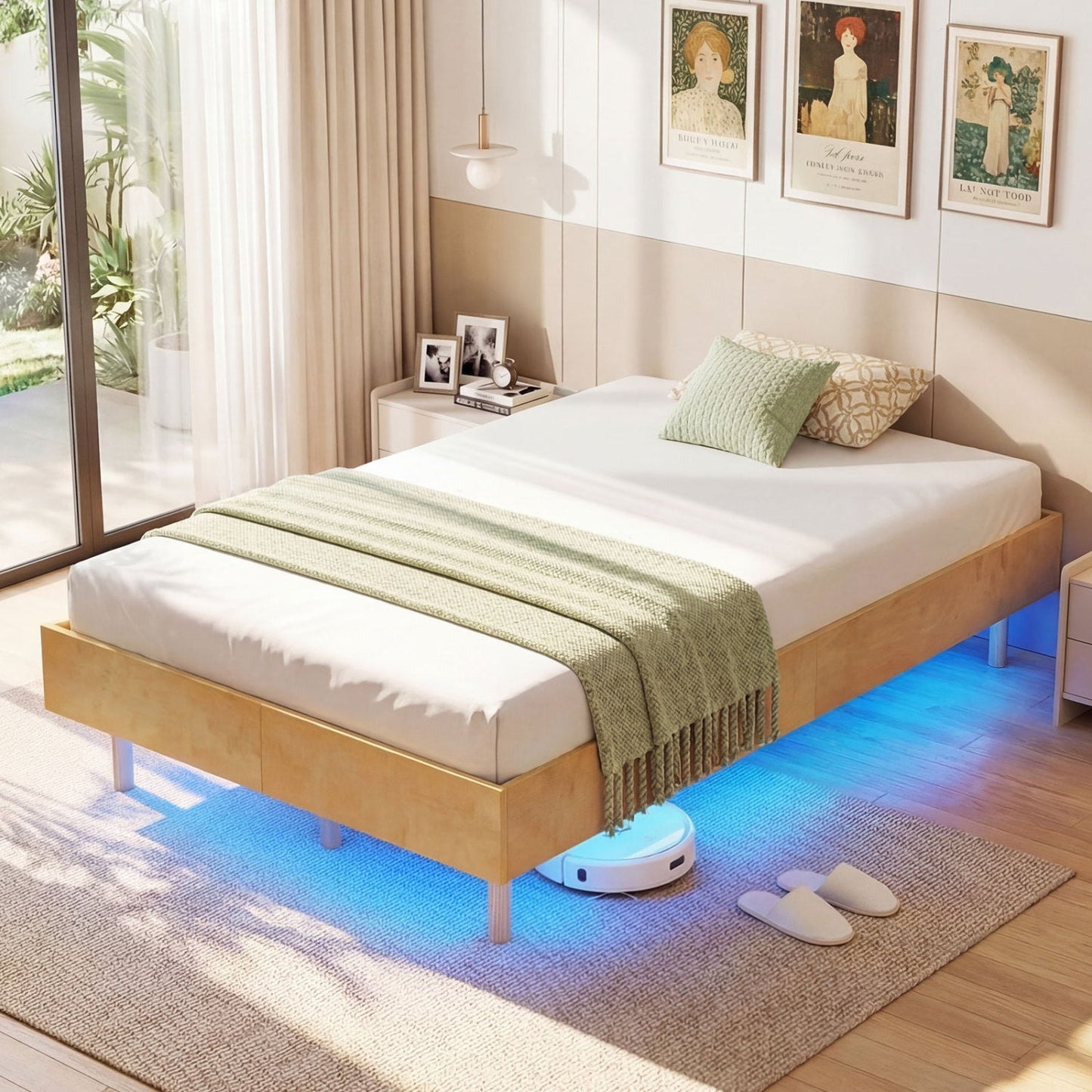 Floating Bed Frame with LED Lights for Bedroom
