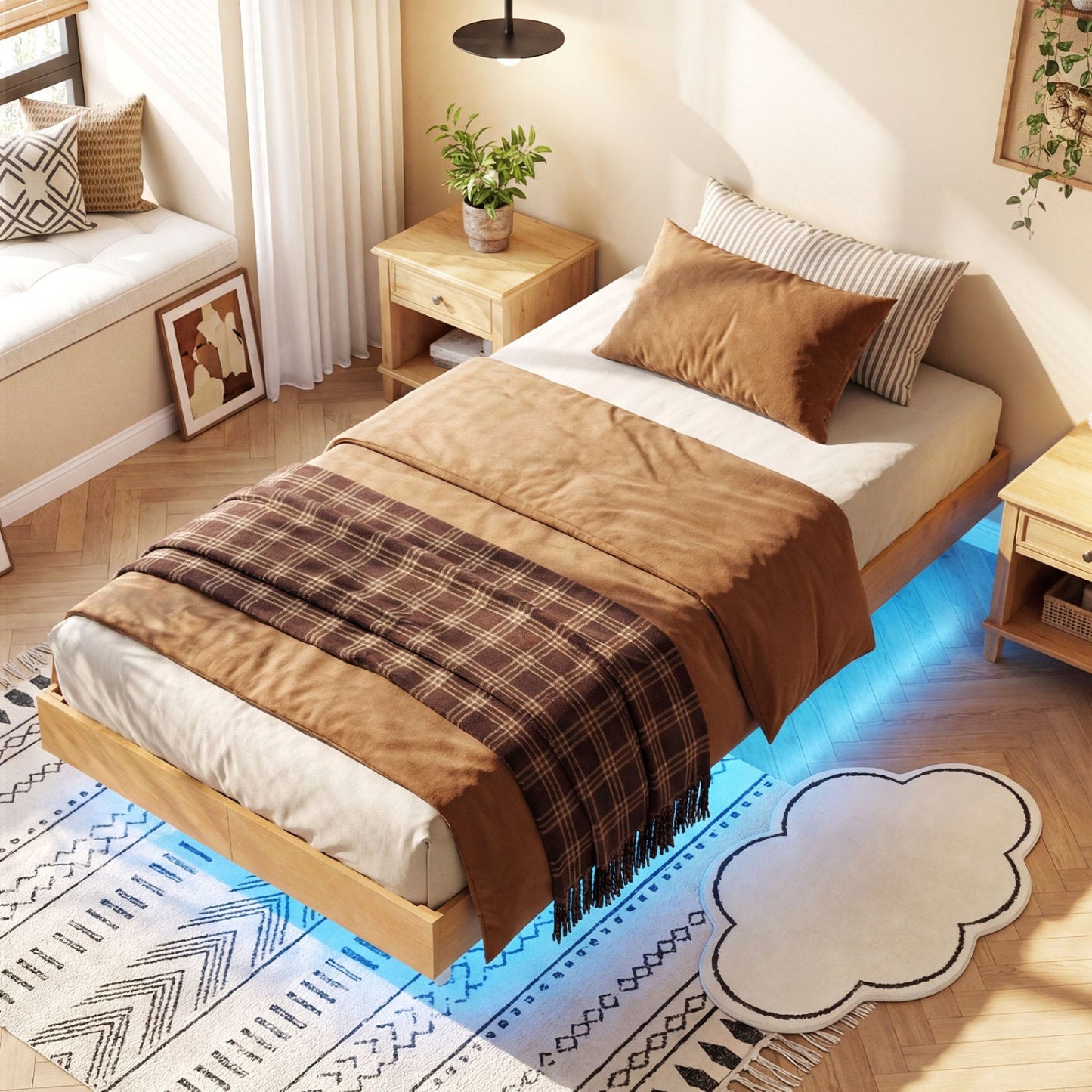 Floating Bed Frame with LED Lights for Bedroom
