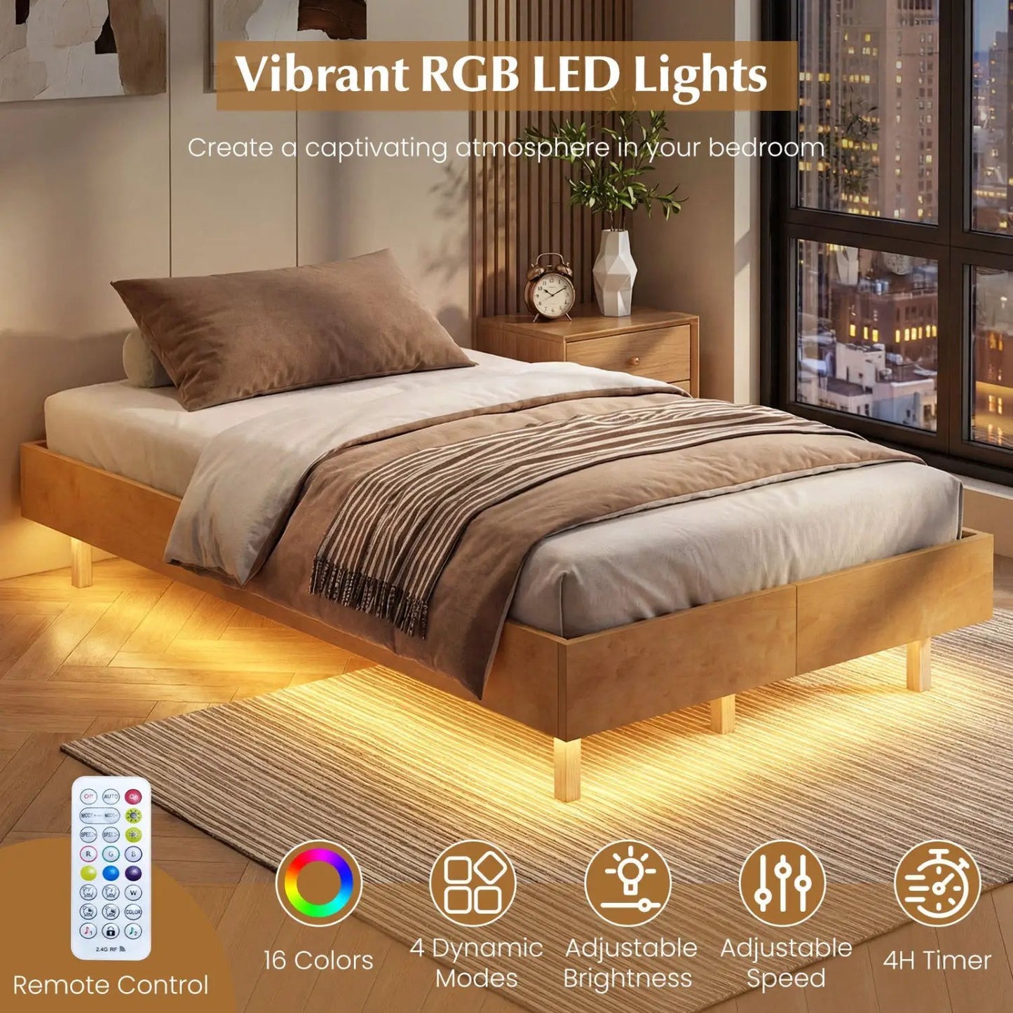 Floating Bed Frame with LED Lights for Bedroom