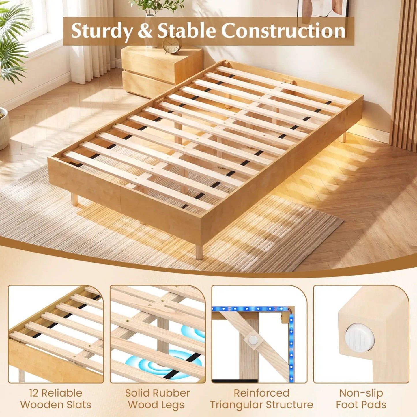 Floating Bed Frame with LED Lights for Bedroom