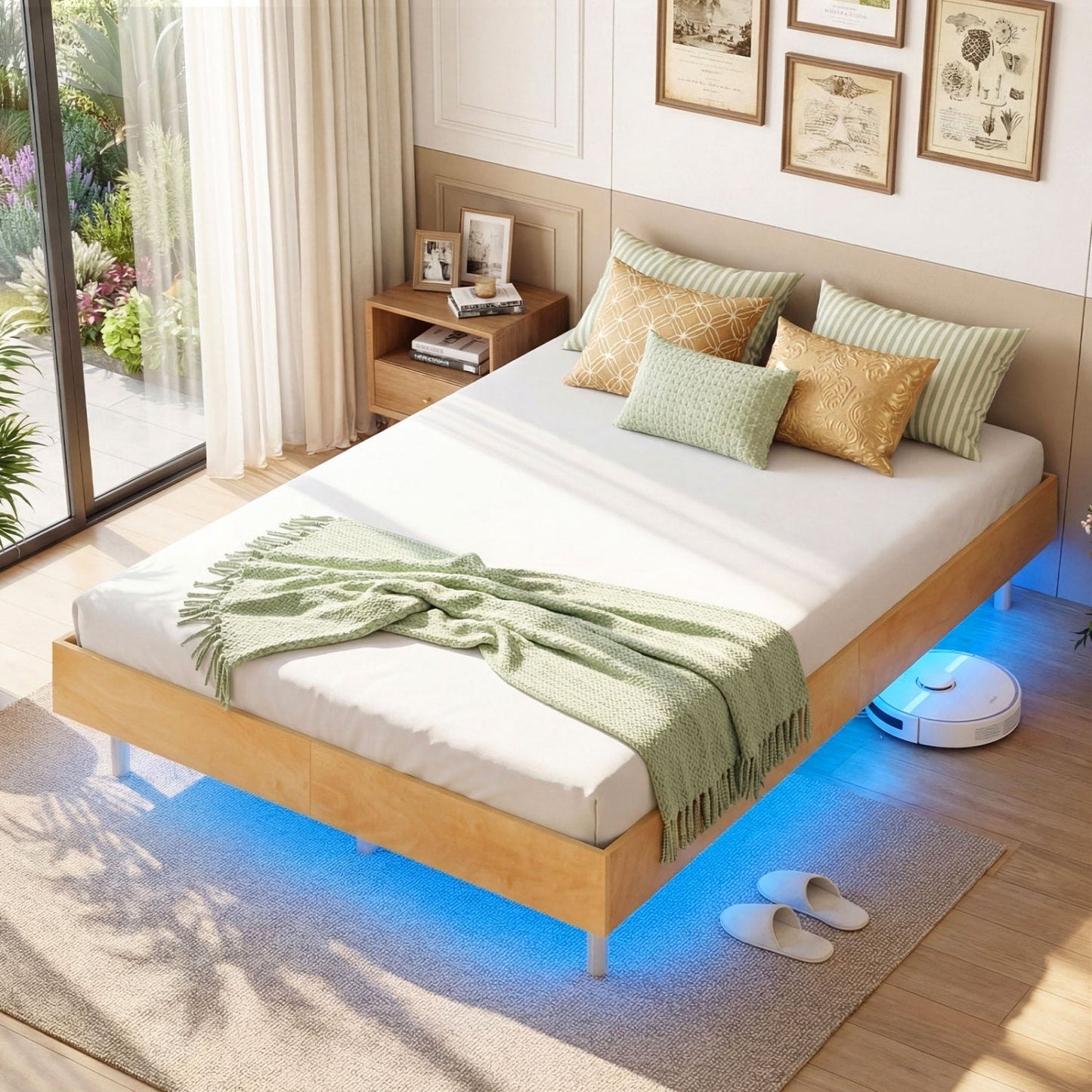 Floating Bed Frame with LED Lights for Bedroom