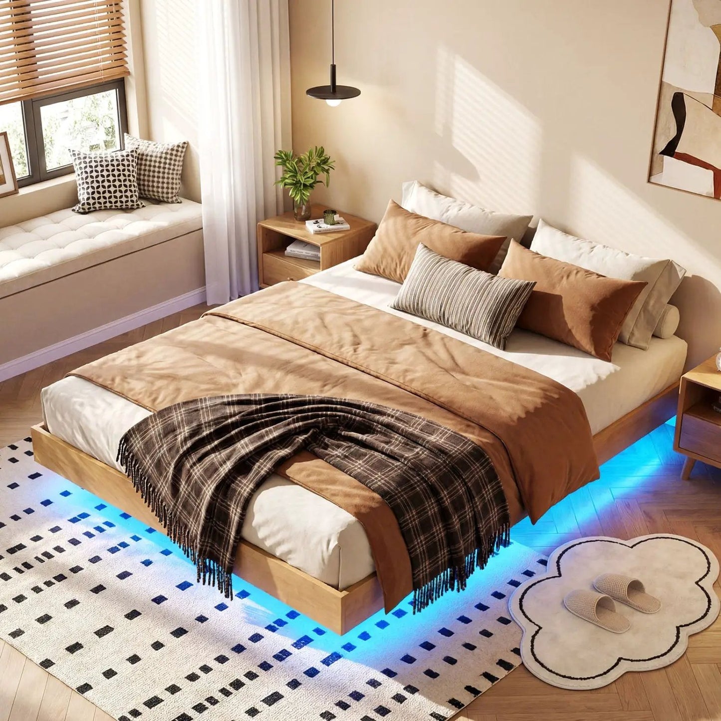 Floating Bed Frame with LED Lights for Bedroom