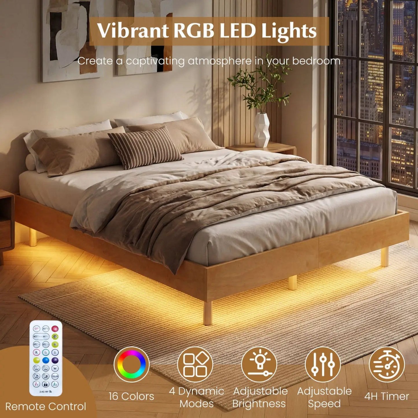 Floating Bed Frame with LED Lights for Bedroom