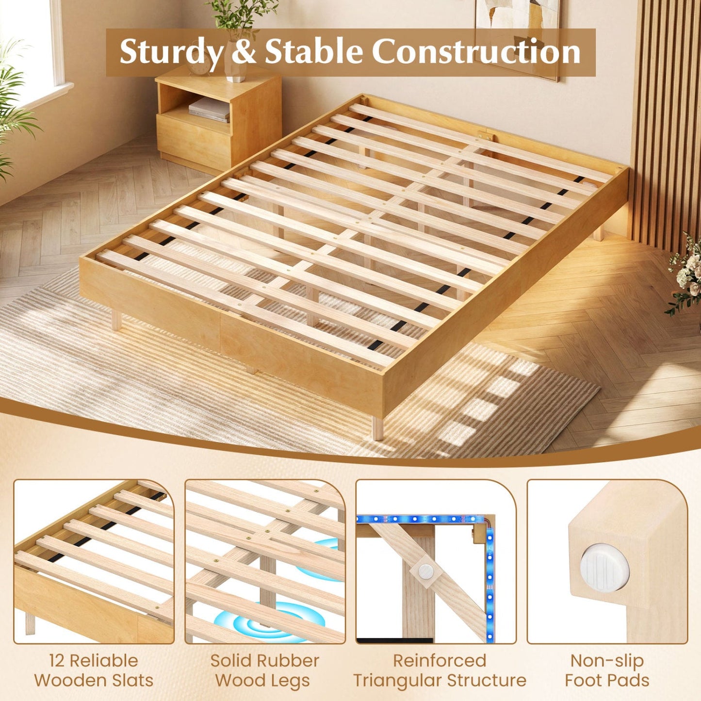 Floating Bed Frame with LED Lights for Bedroom