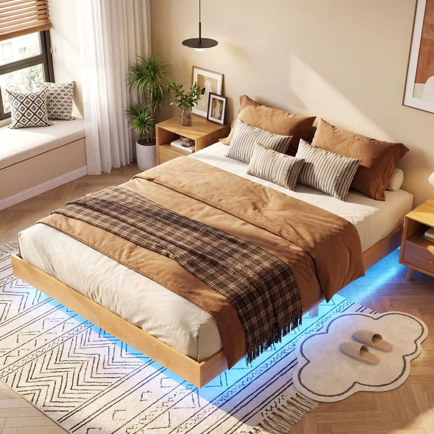 Floating Bed Frame with LED Lights for Bedroom