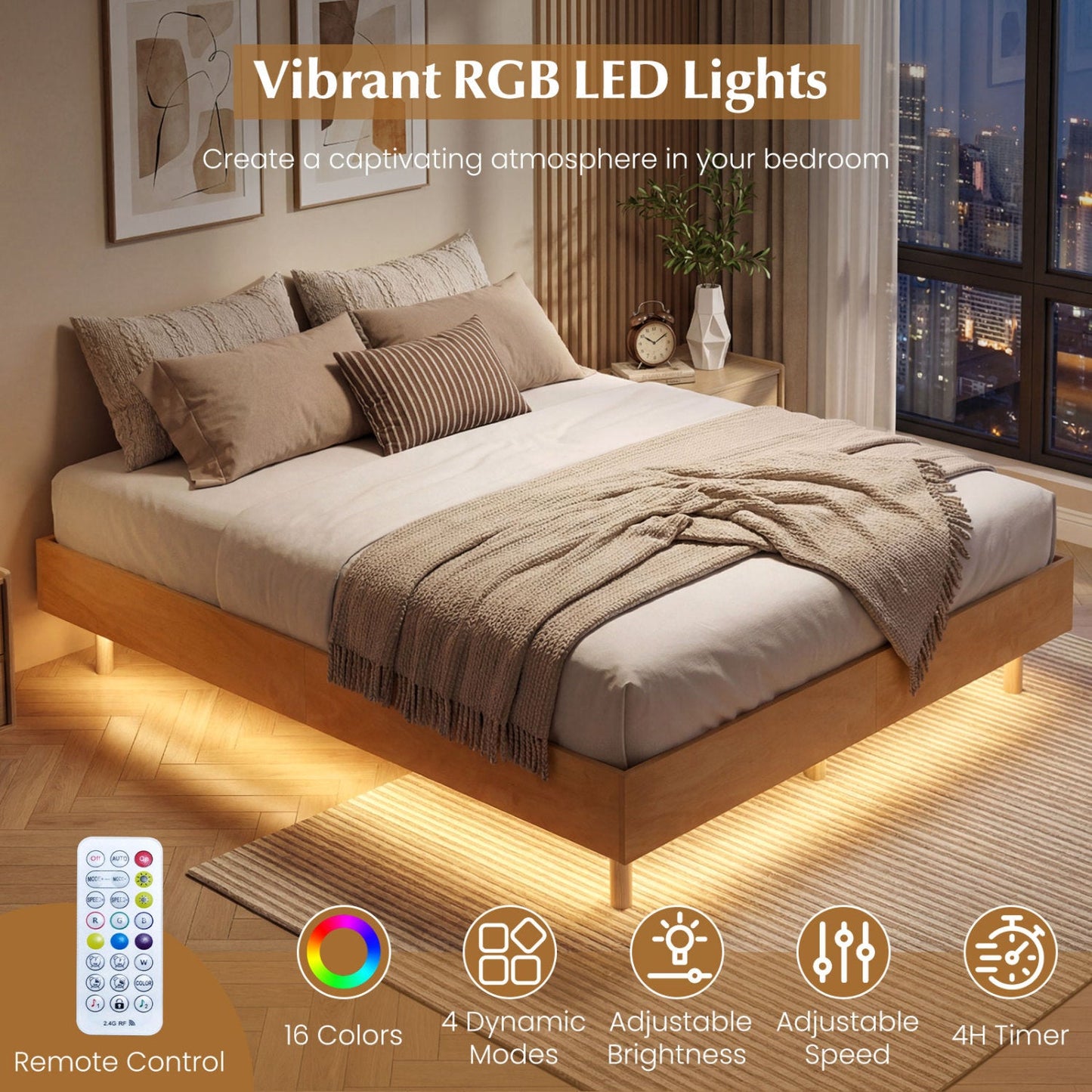 Floating Bed Frame with LED Lights for Bedroom
