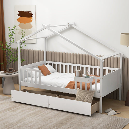 Twin House Bed with 2 Storage Drawers and Roof & Fence Rails - Tampa Home & Garden Store