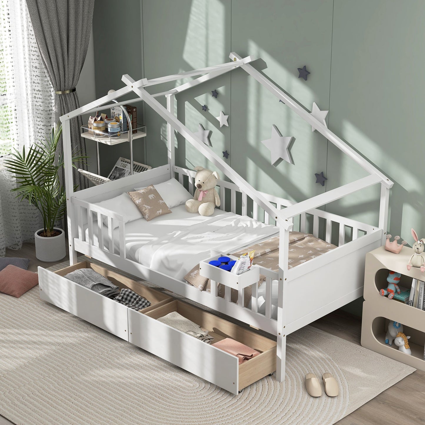 Twin House Bed with 2 Storage Drawers and Roof & Fence Rails