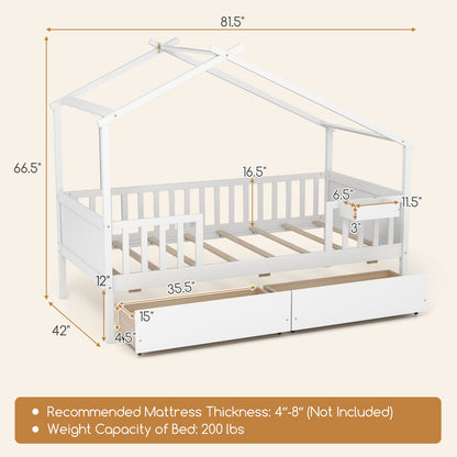 Twin House Bed with 2 Storage Drawers and Roof & Fence Rails