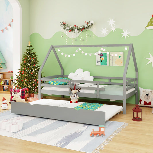 Twin House Bed with Trundle and Fence Rail-Gray - Tampa Home & Garden Store