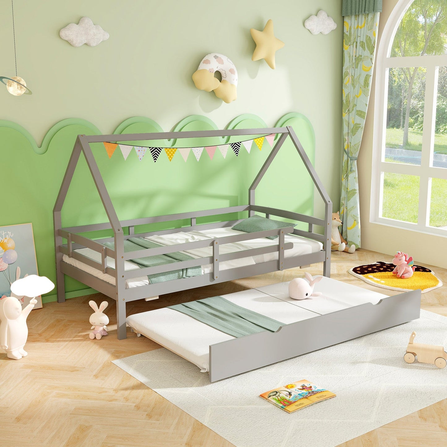 Cama doble Twin House con nido y barandilla-Gris