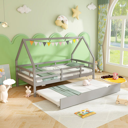 Cama doble Twin House con nido y barandilla-Gris