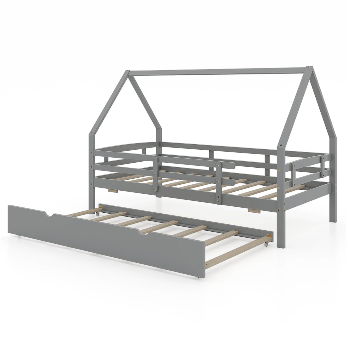 Cama doble Twin House con nido y barandilla-Gris