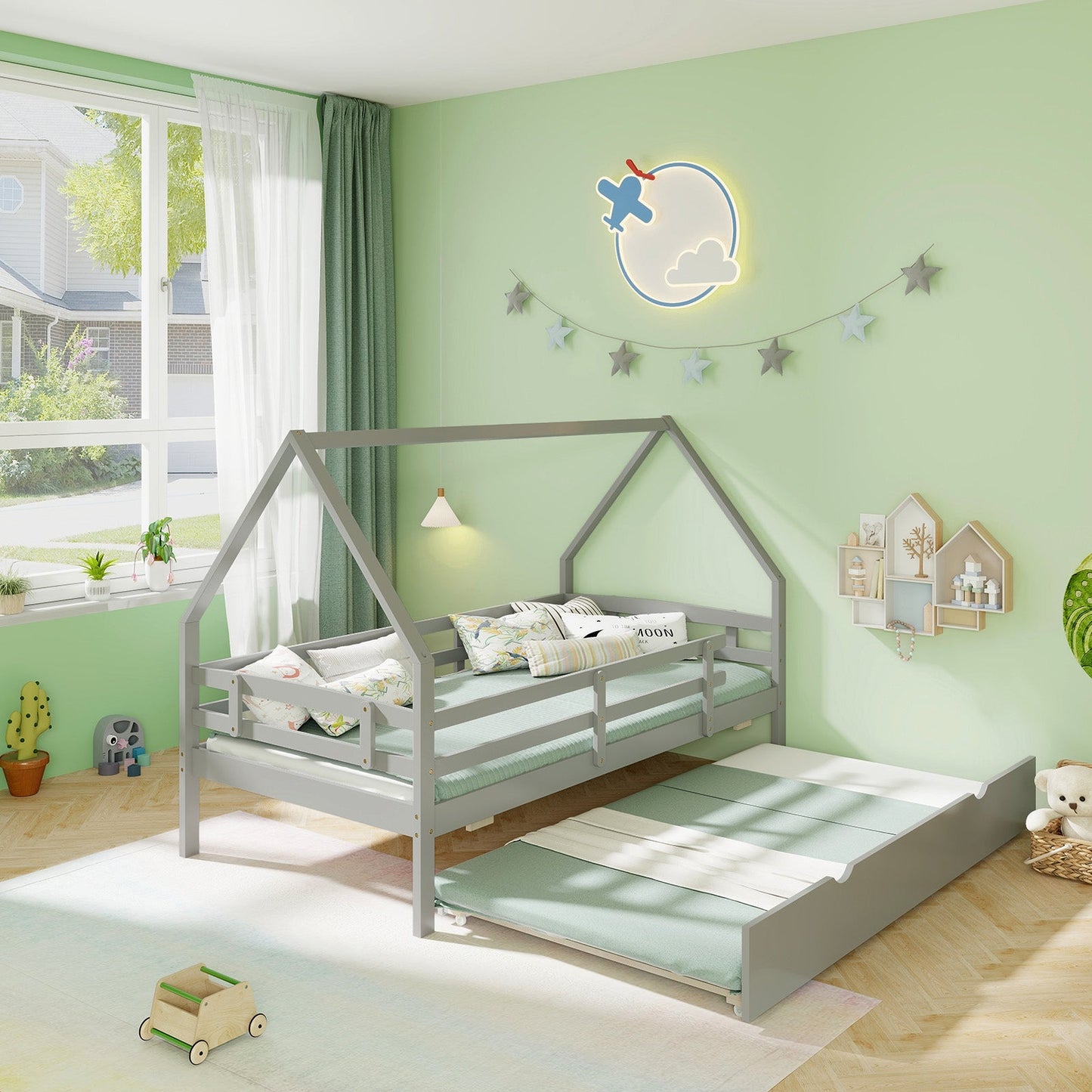 Cama doble Twin House con nido y barandilla-Gris
