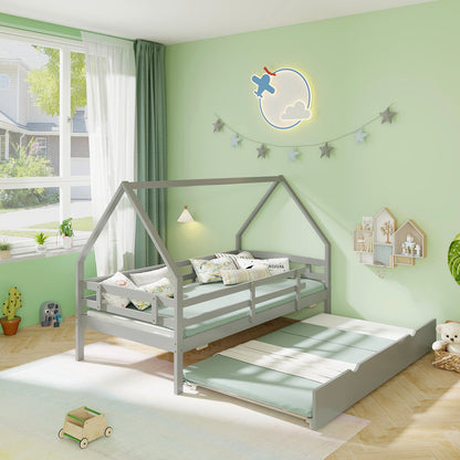 Cama doble Twin House con nido y barandilla-Gris