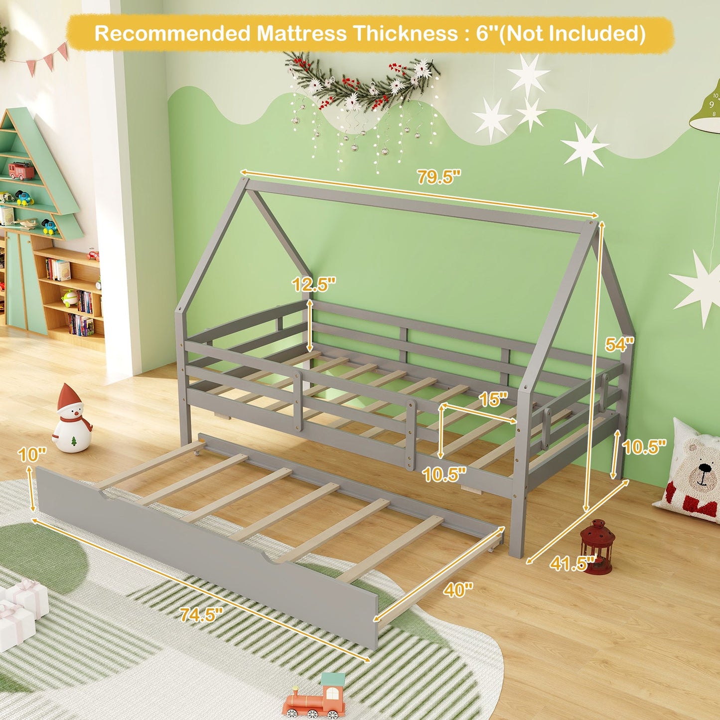 Cama doble Twin House con nido y barandilla-Gris