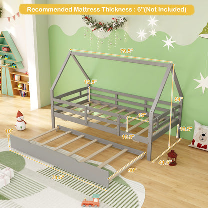 Cama doble Twin House con nido y barandilla-Gris