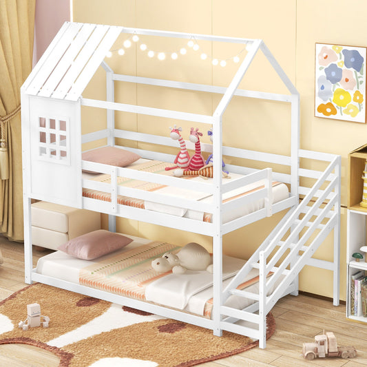 Twin House Bed with Stairs and Roof for Kids-White - Tampa Home & Garden Store