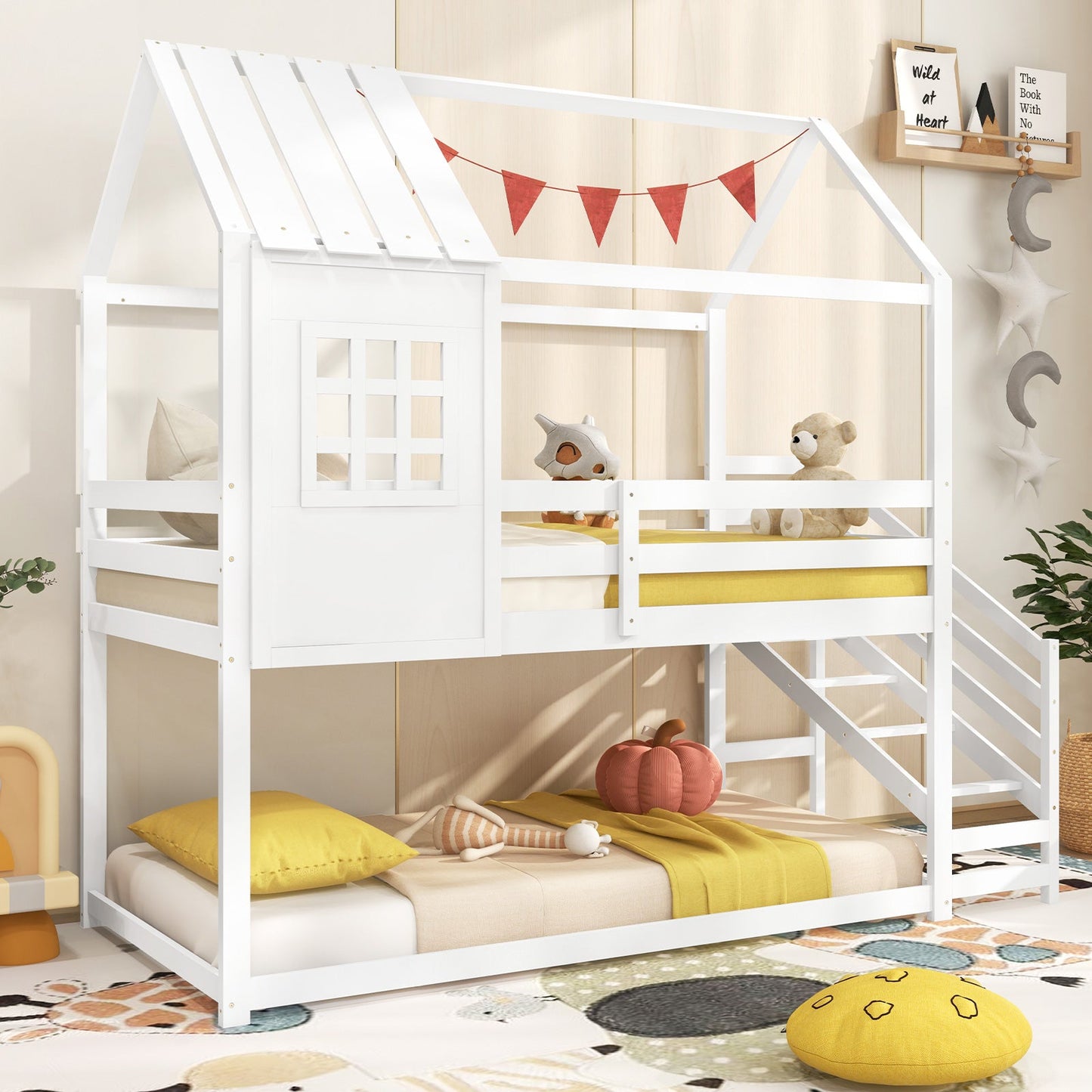 Cama individual para casa con escalera y techo para niños-Blanca