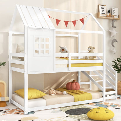 Cama individual para casa con escalera y techo para niños-Blanca