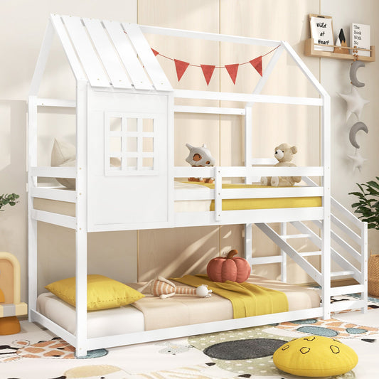 Twin House Bed with Stairs and Roof for Kids-White - Tampa Home & Garden Store