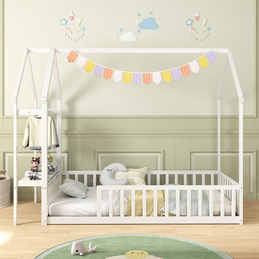 Twin House Floor Bed Montessori Bed Frame with Storage Shelf-White - Tampa Home & Garden Store