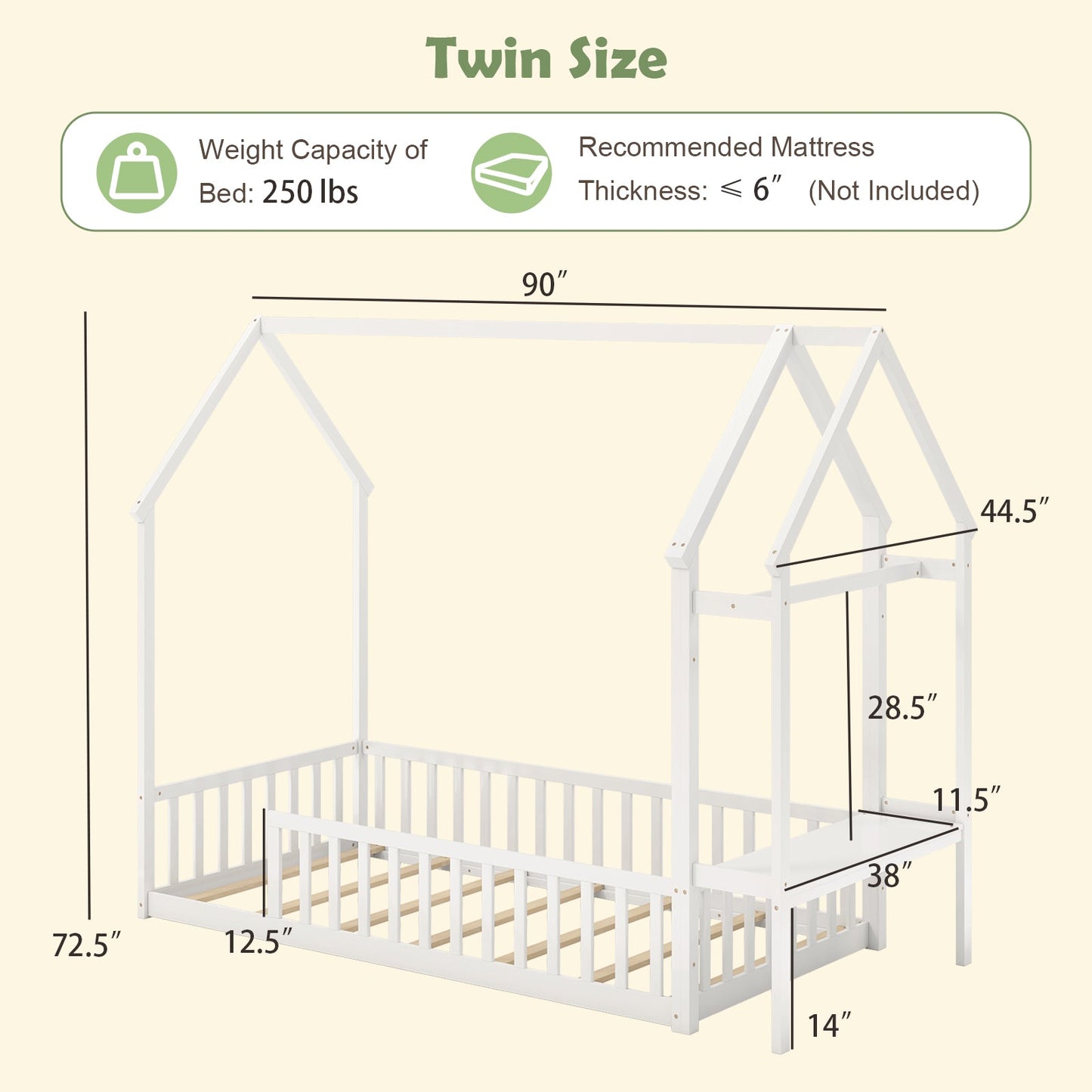 Twin House Floor Bed Montessori Bed Frame with Storage Shelf-White