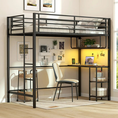 Twin Loft Bed with Desk LED Lights Charging Station Heavy-duty Metal Bed Frame with Guardrail