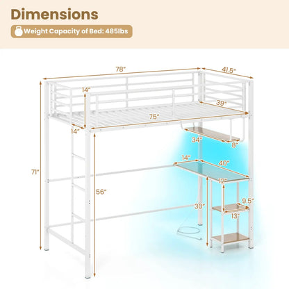 Twin Loft Bed with Desk LED Lights Charging Station Heavy-duty Metal Bed Frame with Guardrail