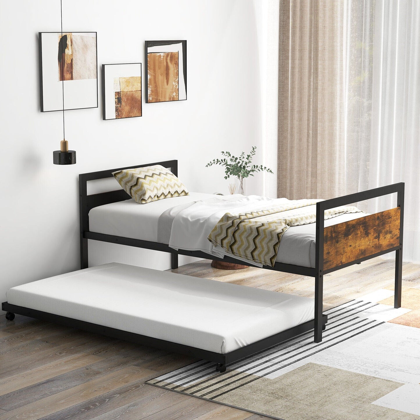 Sofá Cama Doble de Metal con Nido Ruedas con Cierre-Tamaño Doble