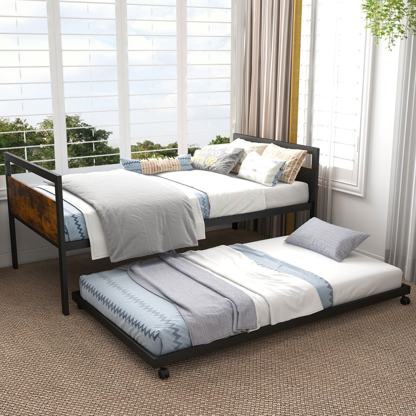 Sofá Cama Doble de Metal con Nido Ruedas con Cierre-Tamaño Doble