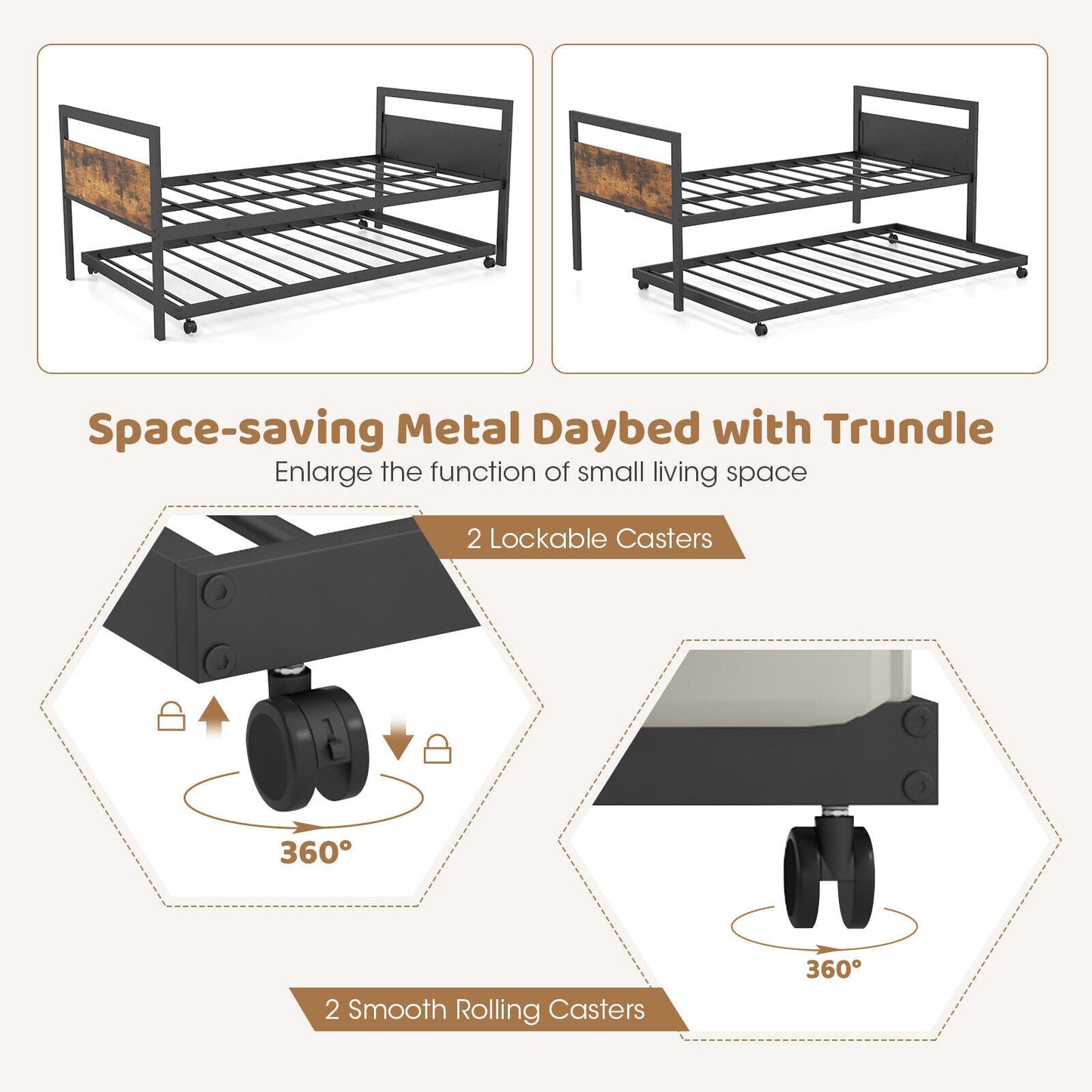 Sofá Cama Doble de Metal con Nido Ruedas con Cierre-Tamaño Doble
