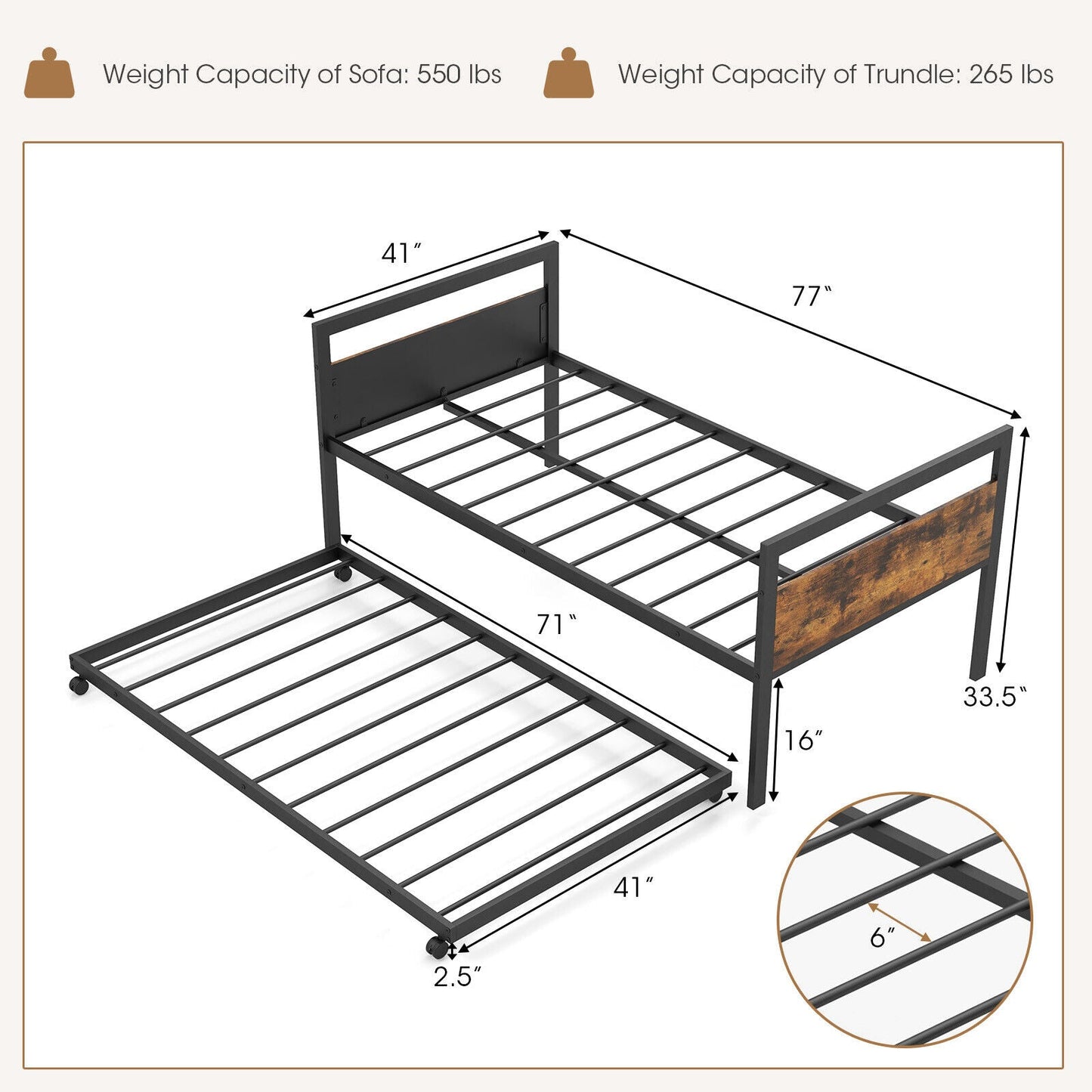 Sofá Cama Doble de Metal con Nido Ruedas con Cierre-Tamaño Doble