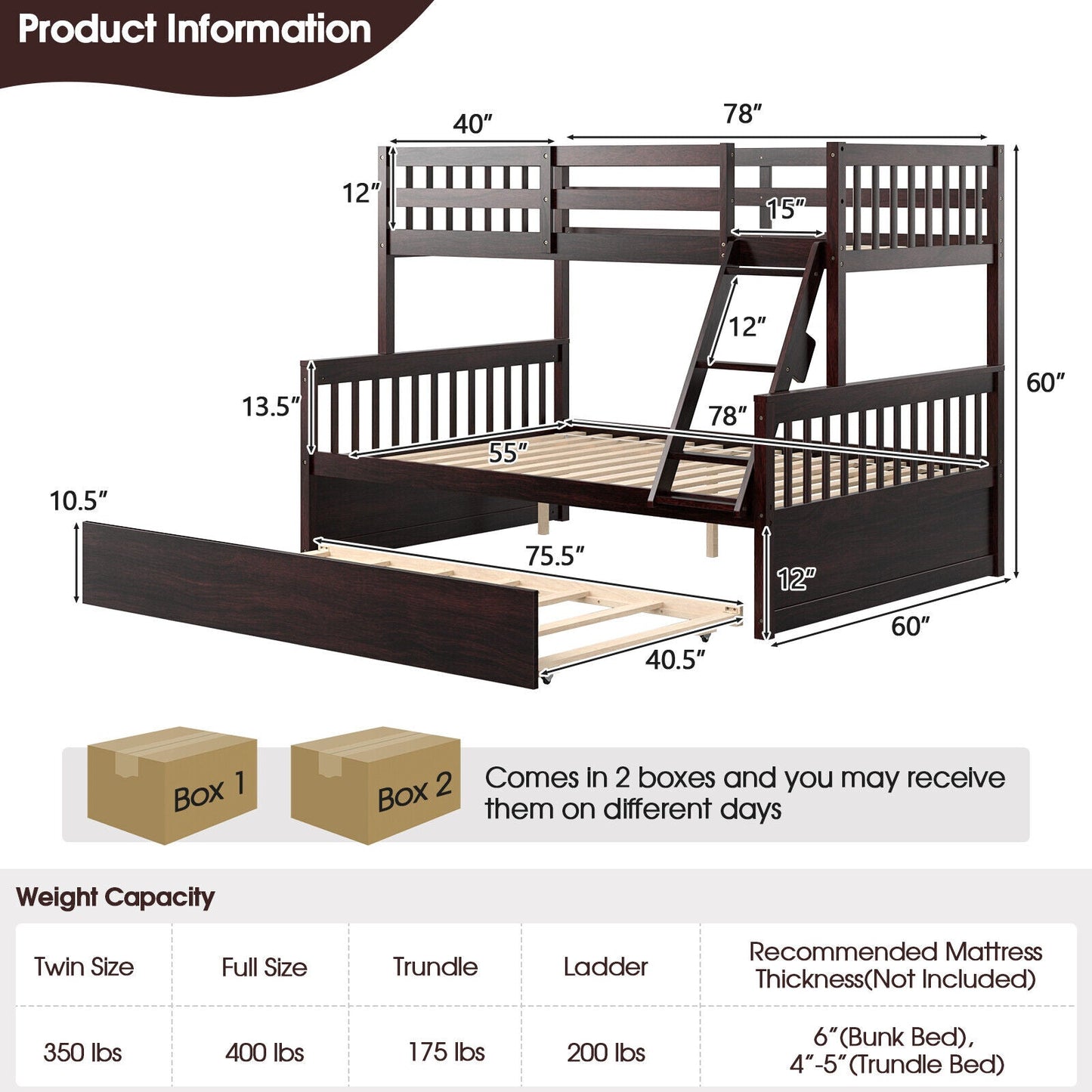 Litera convertible de dos plazas sobre una de matrimonio con cama nido individual - Espresso
