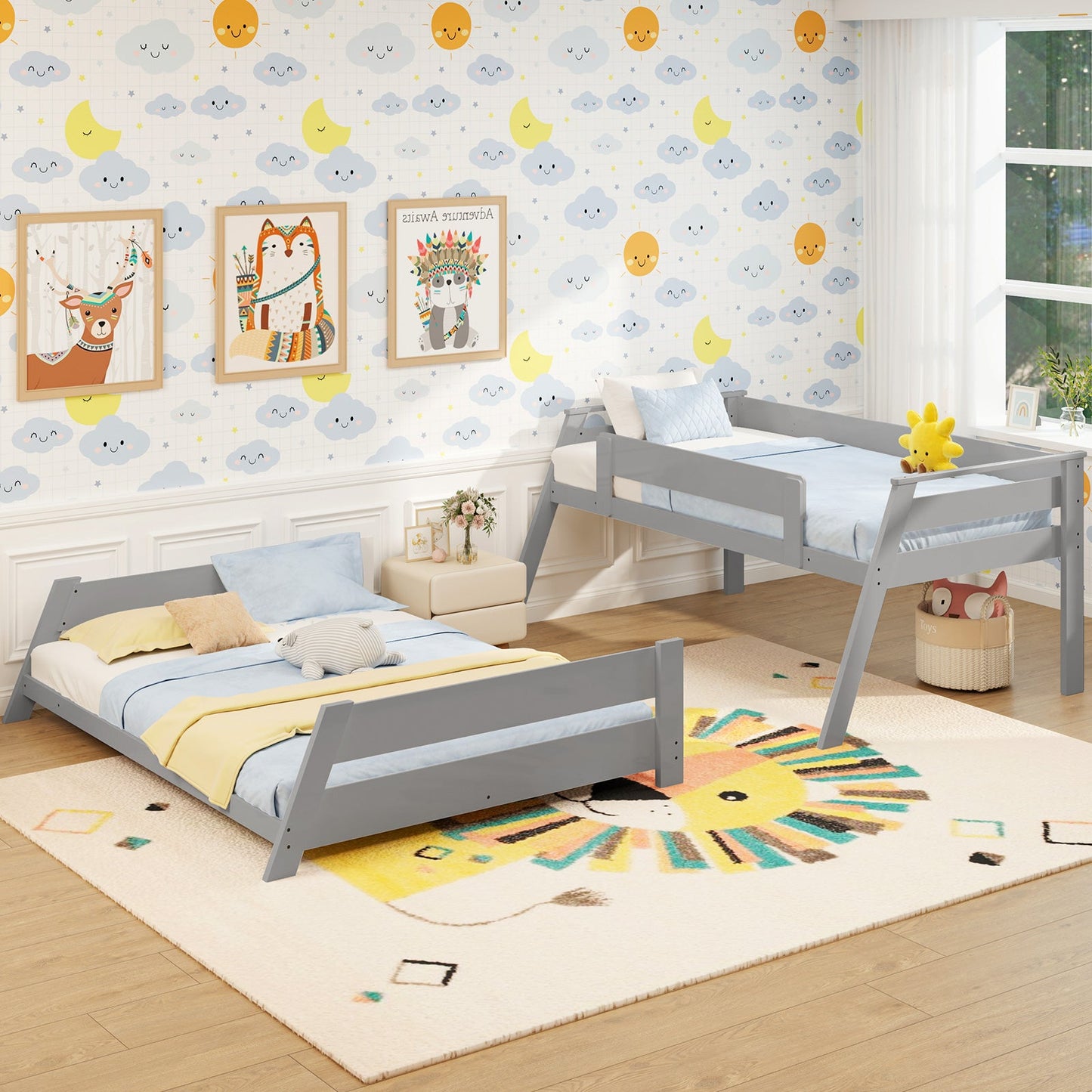 Litera baja doble sobre matrimonial con escalera reversible - Gris