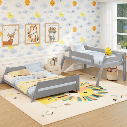 Litera baja doble sobre matrimonial con escalera reversible - Gris