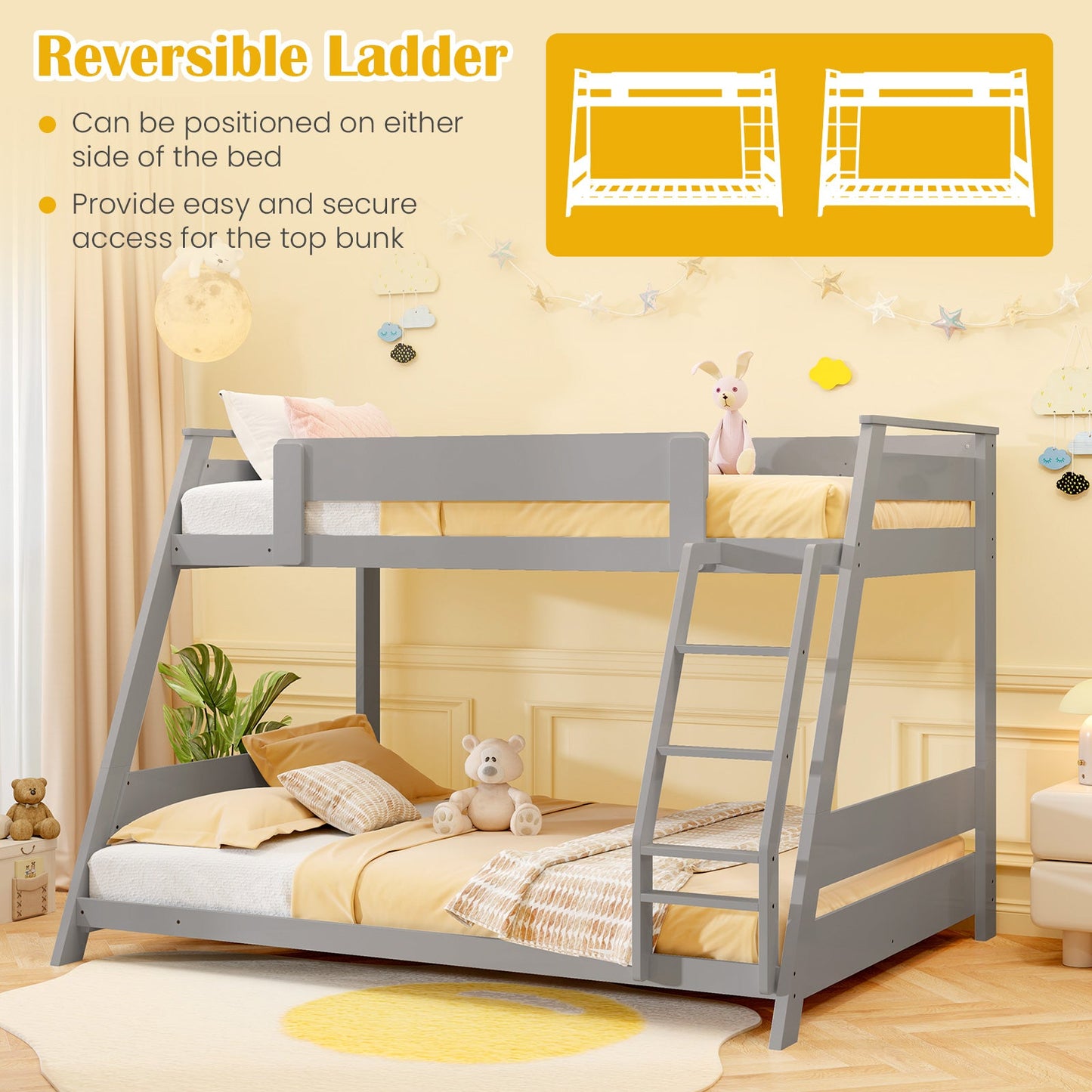 Litera baja doble sobre matrimonial con escalera reversible - Gris