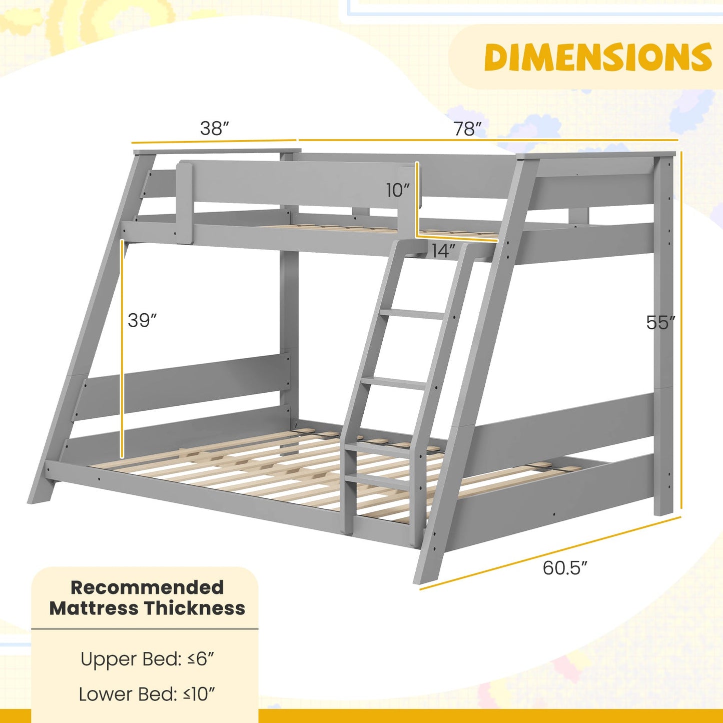 Litera baja doble sobre matrimonial con escalera reversible - Gris